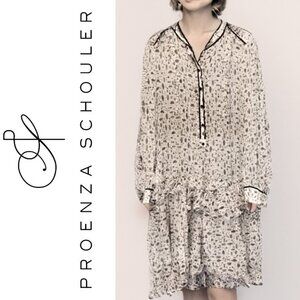 Proenza Schouler Chiffon Printed Dress Black Velvet Piping Midi Long Sleeve L